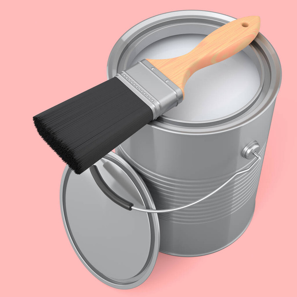 Open metal can or buckets with paint bristle brush on pink background. 3d render of renovation concept and interior design - Foto, afbeelding