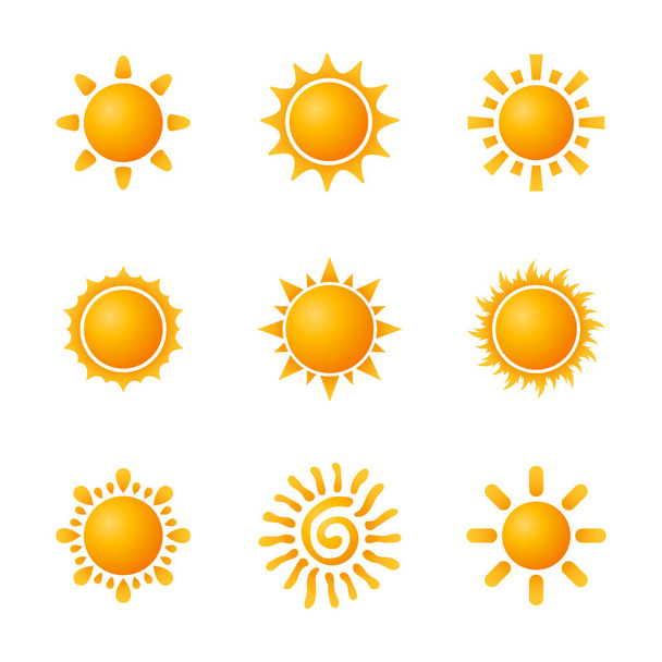 Sun symbol set. Nine Yellow and orange suns design. Vector illustration. Sunbath graphic elements. - Vektor, Bild