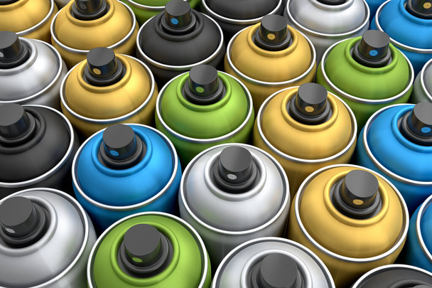 Set of colorful spray paint cans in row on white background. 3d render spray paint bottle and dispenserCan of spray paint isolated on white background. 3d render spray paint bottle and dispenser - Zdjęcie, obraz