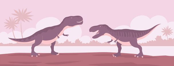 Хижацький динозавр тиранозавр Рекс юрського періоду. Два хижака в бою. М'ясоїдна ящірка. Доісторична сильна ящірка. Дикий краєвид. Картонний вектор. - Вектор, зображення
