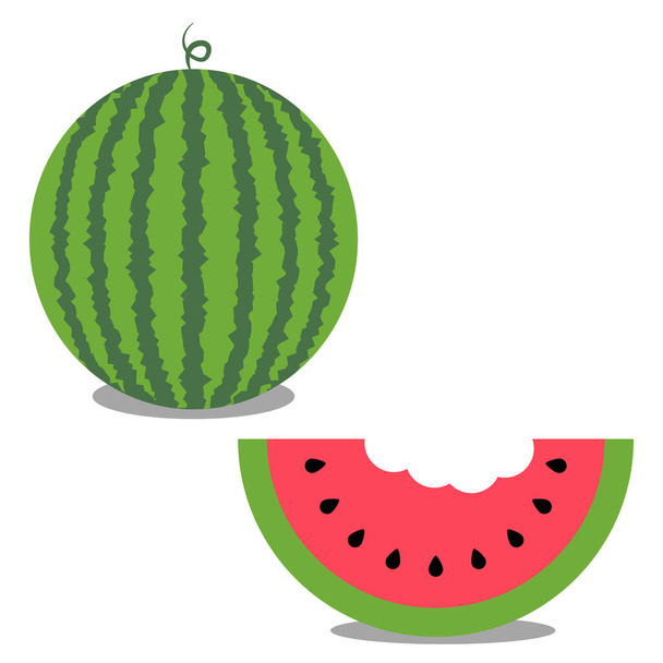 Vector Watermelon with the Slice of it with seeds, removable bite and shadows on isolated white background. - Vetor, Imagem