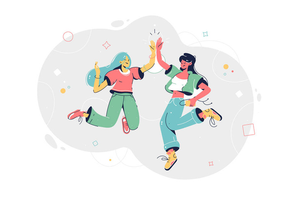 Girls hands give high five together in the jump. Vector illustration - Vector, Imagen