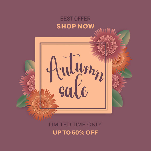 Autumn sale background with beautiful floral. Frame, flower, foliage for banner, flyer, promotion poster, invitation, advertising template. Special offer concept. Vector illustration  - Vektor, obrázek