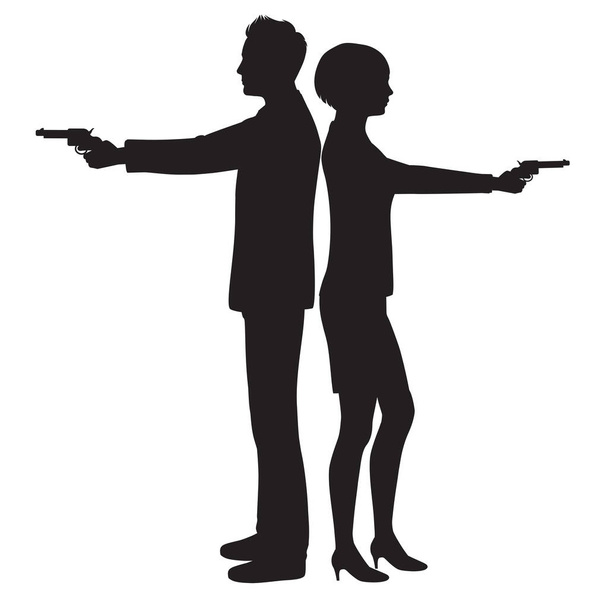 Agentes del Servicio Secreto parados espalda con espalda con armas, ilustración vectorial de un personaje de detective espía y mujer. - Vector, Imagen