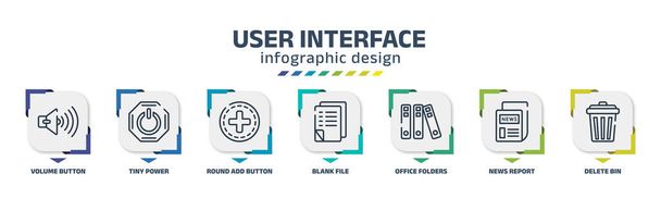 user interface infographic design template with volume button, tiny power, round add button, blank file, office folders, news report, delete bin icons. can be used for web, banner, info graph. - Vektor, Bild