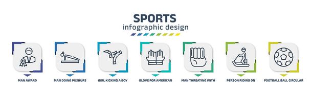 sports infographic design template with man award, man doing pushups, girl kicking a boy in the face, glove for american football player, man threating with his fist, person riding on sleigh, - Διάνυσμα, εικόνα
