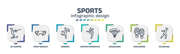 sports infographic design template with jet surfing, sport goggles, aerobics, artistic gymnastics, paragliding, shin guards, ice skating icons. can be used for web, banner, info graph. - ベクター画像