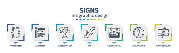 signs infographic design template with parenthesis, align left, classroom cup, or, square hotel, exclamation, is not equal to icons. can be used for web, banner, info graph. - Vector, Imagen