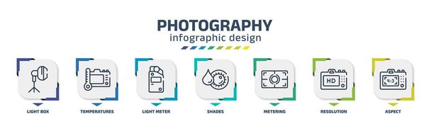 photography infographic design template with light box, temperatures, light meter, shades, metering, resolution, aspect icons. can be used for web, banner, info graph. - Vettoriali, immagini
