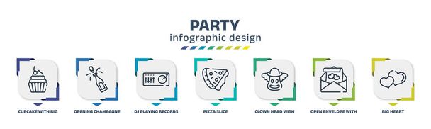 party infographic design template with cupcake with big cherry, opening champagne bottle, dj playing records, pizza slice, clown head with hat, open envelope heart letter, big heart icons. can be - Vector, Image