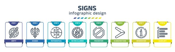signs infographic design template with empty, khanda, mathematical, no fire allowed, prohibition, is greater than, information, align left icons. can be used for web, banner, info graph. - Vector, Imagen