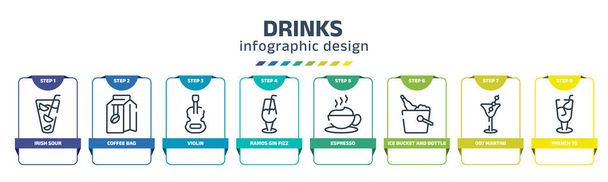 drinks infographic design template with irish sour, coffee bag, violin, ramos gin fizz, espresso, ice bucket and bottle, 007 martini, french 75 icons. can be used for web, banner, info graph. - ベクター画像