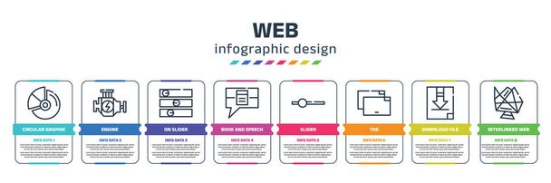 web infographic design template with circular graphic, engine, on slider, book and speech bubble, slider, tab, download file, interlinked web icons. can be used for web, banner, info graph. - Vetor, Imagem