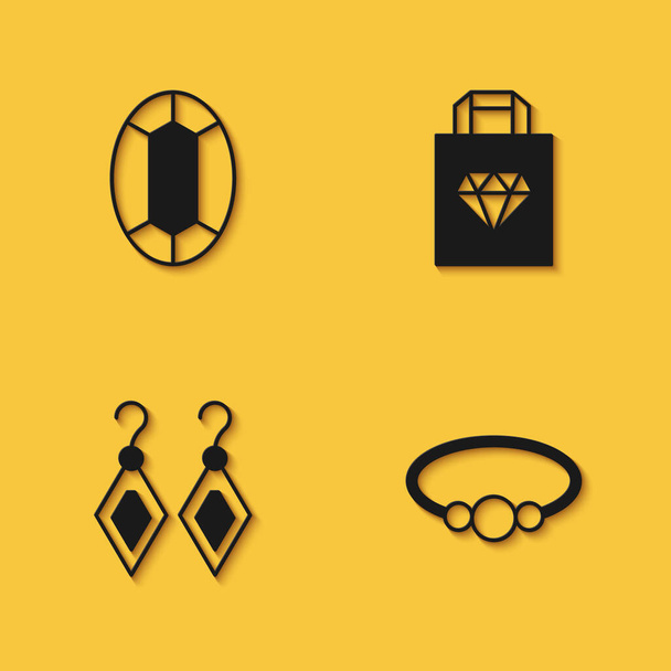 Set Gem stone Bracelet jewelry Earrings and Shopping bag icon with long shadow. Vector. - Vector, Image