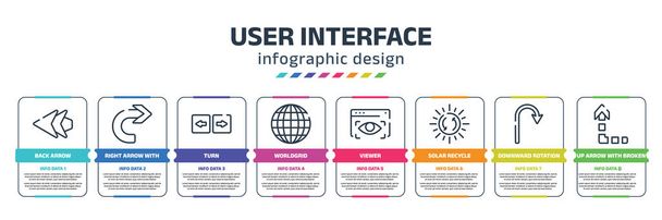 user interface infographic design template with back arrow, right arrow with turn, turn, worldgrid, viewer, solar recycle, downward rotation, up arrow with broken icons. can be used for web, banner, - Vetor, Imagem
