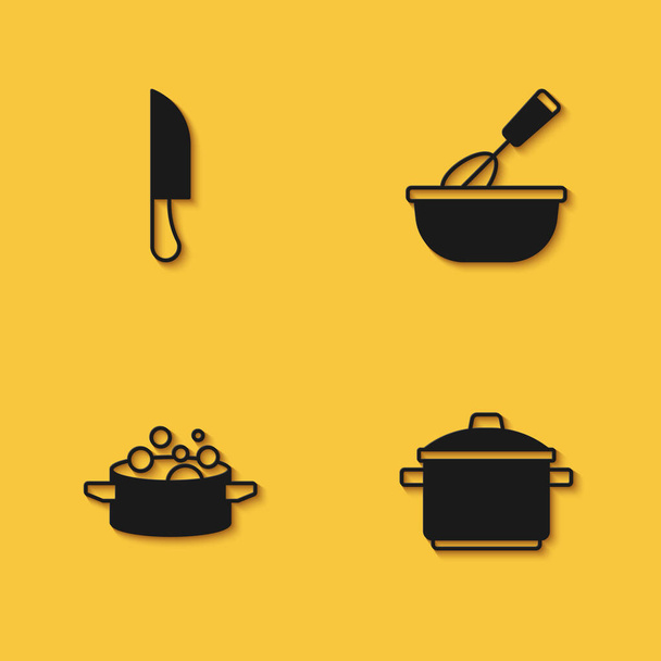 Set Knife Cooking pot and whisk with bowl icon with long shadow. Vector. - Vecteur, image