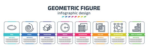 geometric figure infographic design template with oval, spiral, transform, radius, background, exclude, bounding box, right alignment icons. can be used for web, banner, info graph. - Vector, imagen