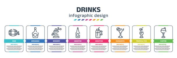 drinks infographic design template with cask, armagnac, brewery, absinthe, smoothie, margarita, tropical itch, flirtini icons. can be used for web, banner, info graph. - Vecteur, image