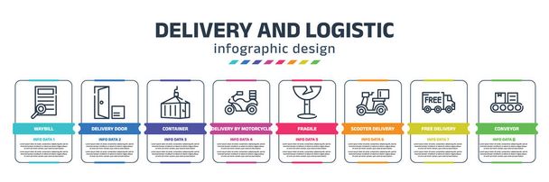 delivery and logistic infographic design template with waybill, delivery door, container, delivery by motorcycle, fragile, scooter free conveyor icons. can be used for web, banner, info graph. - Vector, imagen