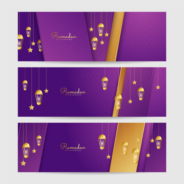 Set van Ramadhan lantaarn paars goud kleurrijke brede banner ontwerp achtergrond - Vector, afbeelding