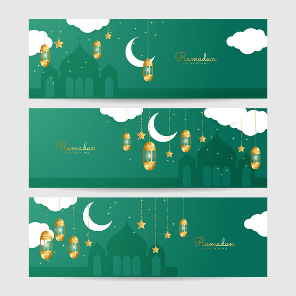 Set of Ramadhan lantern green gold colorful wide banner design background - Vektor, obrázek