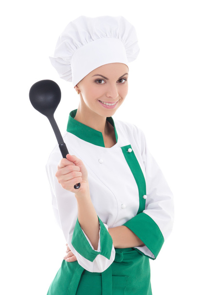 portrait of young attractive woman chef with big plastic spoon i - Foto, afbeelding