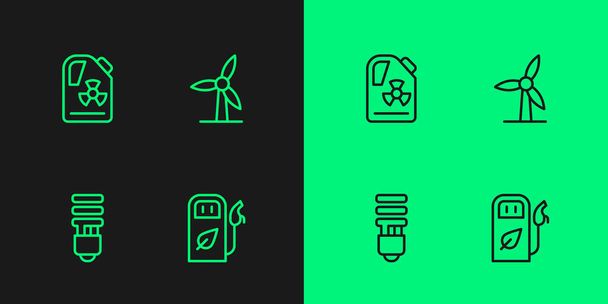 Set line Petrol or gas station LED light bulb Radioactive waste in barrel and Wind turbine icon. Vector. - Vector, imagen