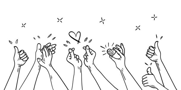 Doodle hands up. hands clapping. Concept of charity and donation. Give and share your love to people. hands gesture on hand drawn style. vector illustration - Vector, imagen