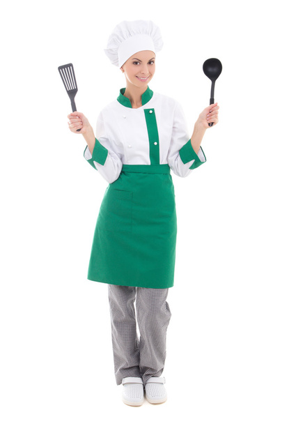 mujer en uniforme del cocinero verde - longitud total aislado en blanco - Foto, Imagen