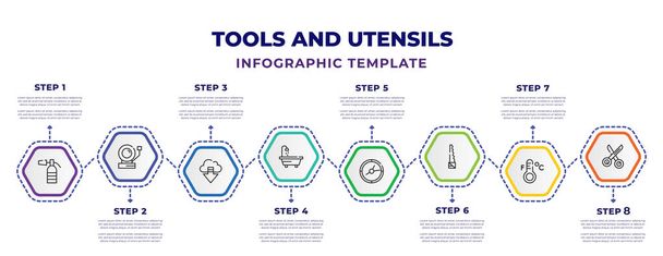 tools and utensils infographic design template with flame extinguisher, ringing, up arrow and cloud, bath tub, circular clock, carpentry, mercury thermometer degrees, scissors inverted view icons. - ベクター画像