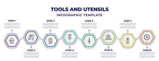 tools and utensils infographic design template with chote box, edit tools, air conditioning, school push pin, tattoo, sewing thimble black variant, pepper container, bold icons. can be used for web, - Vektör, Görsel