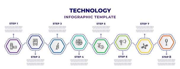 technology infographic design template with little camcorder, 3d printers, tv side, radar sweep, spotlights, modern horn, space satellite, retro microphone icons. can be used for web, banner, info - Vecteur, image