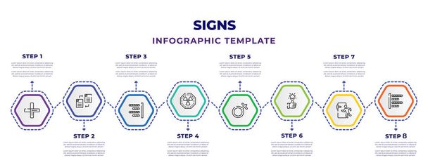 signs infographic design template with addition, copying, align right, radioactive, femenine, superior, emergency exit, align left icons. can be used for web, banner, info graph. - Vector, Imagen