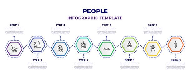 people infographic design template with worker running, sitting man fishing, girl kid avatar, man looking through the garbage container, lying person reading, person crossing street on crosswalk, - Vektör, Görsel