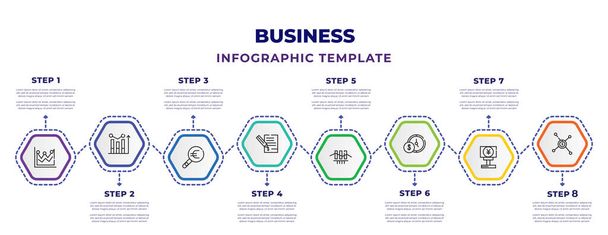 business infographic design template with spike chart, business graph, euro under magnifying glass search, bailment, down graphic of business stats, dollar on time, yen currency, centralized - Vektor, Bild