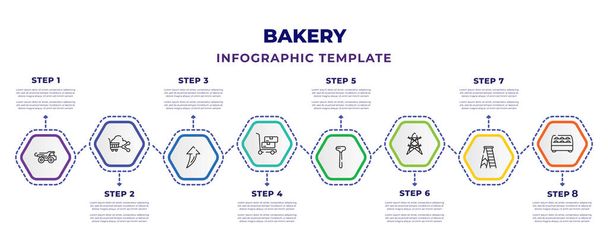 bakery infographic design template with dump truck, online store, up arrows, freight, dead blow hammer, electrical, stair, display case icons. can be used for web, banner, info graph. - Vetor, Imagem
