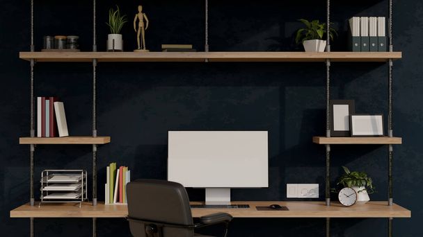 Modern home office workplace interior design with PC computer white screen mockup on a wooden table with combination shelf with decors against the dark wall. 3d rendering, 3d illustration - Fotó, kép