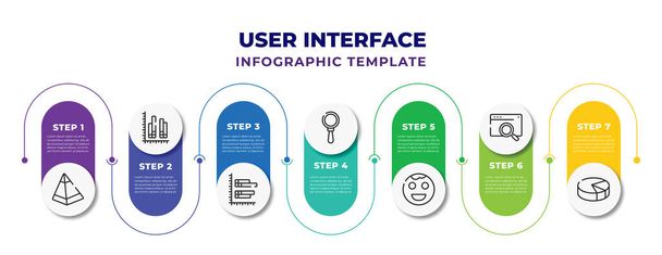 user interface infographic design template with triangular pyramid, data analytics dual bars, dual bars interface, magnifier tool in vertical position interface, emot, data search for pie chart - Vetor, Imagem