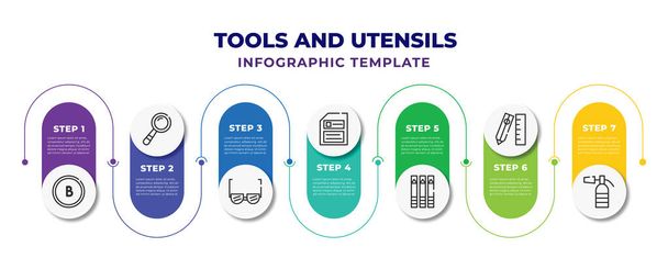 tools and utensils infographic design template with bold, optical, reading glasses, face down floppy disk, eyes makeup pencils, edit tools, flame extinguisher icons. can be used for web, banner, - ベクター画像