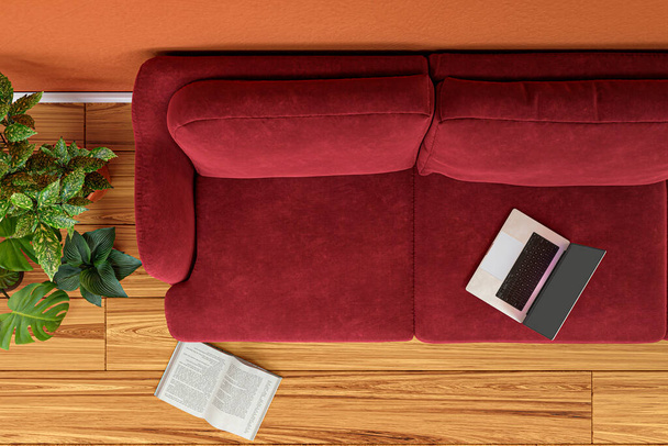 赤ソファとオレンジ塗装壁とモダンなリビングルームの3Dレンダリングイラスト. - 写真・画像