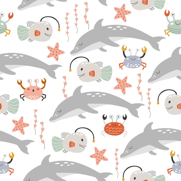Θαλάσσια αδιάλειπτη μοτίβο με υποβρύχια ζώα. Επανάληψη εκτύπωσης άγριων ψαριών για παιδικά ενδύματα - Διάνυσμα, εικόνα