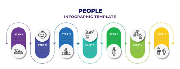 people infographic design template with person practicing a strengthen posture, crying baby, crossing road, the texas chain saw massacre, napoleon figure, chat balloon, two men with cocktail glasses - Vektor, kép