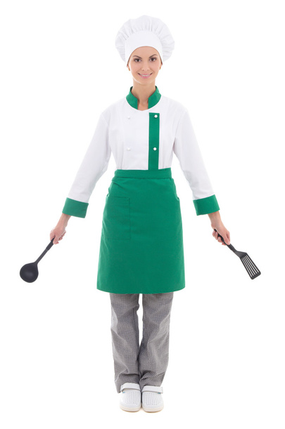 femme heureuse en chef uniforme avec ustensiles de cuisine - iso pleine longueur - Photo, image
