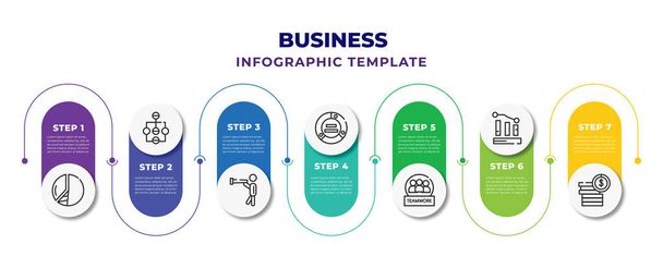 business infographic design template with pie graphic, hierarchical order, man looking, circular pie chart, work parteners, measure success, dollar coins stack icons. can be used for web, banner, - Vecteur, image