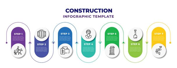 construction infographic design template with horse ride, globe grid, earthquake hine, female call center agent, condo, scoop, plumbing icons. can be used for web, banner, info graph. - Vecteur, image