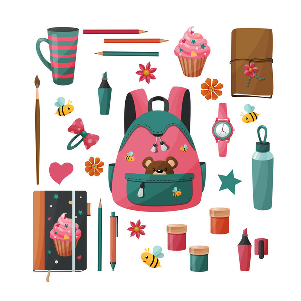 School supplies set for girl. Goods for creativity and study. Vector illustration - Vektor, kép