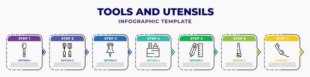 tools and utensils infographic design template with large spoon, kitchen tools, tack save button, writing tool, edit tools, carpentry, phone auricular with cable icons. can be used for web, banner, - Vecteur, image