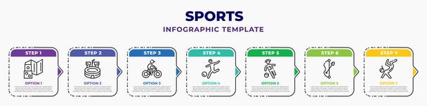 sports infographic design template with game board, estadio, man riding bike, football player with ball, soccer player number four, ball arrow, breakdance icons. can be used for web, banner, info - Vektori, kuva