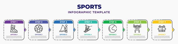 sports infographic design template with ski boots, soccer ball with pentagons, fisher fishing, slalom, tennis ball, man lifting weight, glove for american football player icons. can be used for web, - Vettoriali, immagini