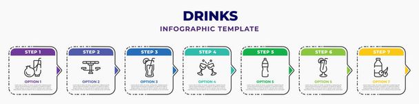 drinks infographic design template with pomegranate martini, picnic table, cuba libre, toast, water jug, tequila sunrise, juice bottle icons. can be used for web, banner, info graph. - Vector, imagen